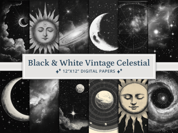 Black and White Vintage Celestial Design Assets